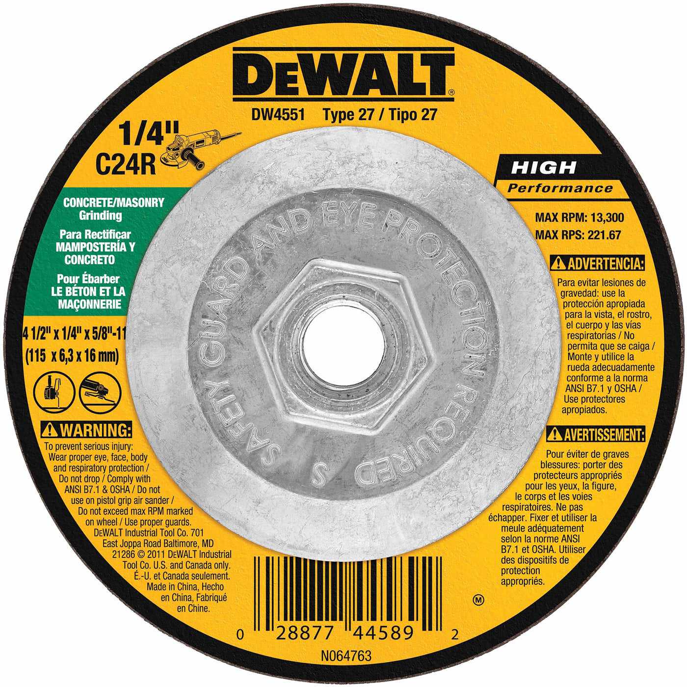 Dewalt, DeWalt DW4551 4-1/2" X 1/4" X 5/8-11" Masonry Grinding Wheel