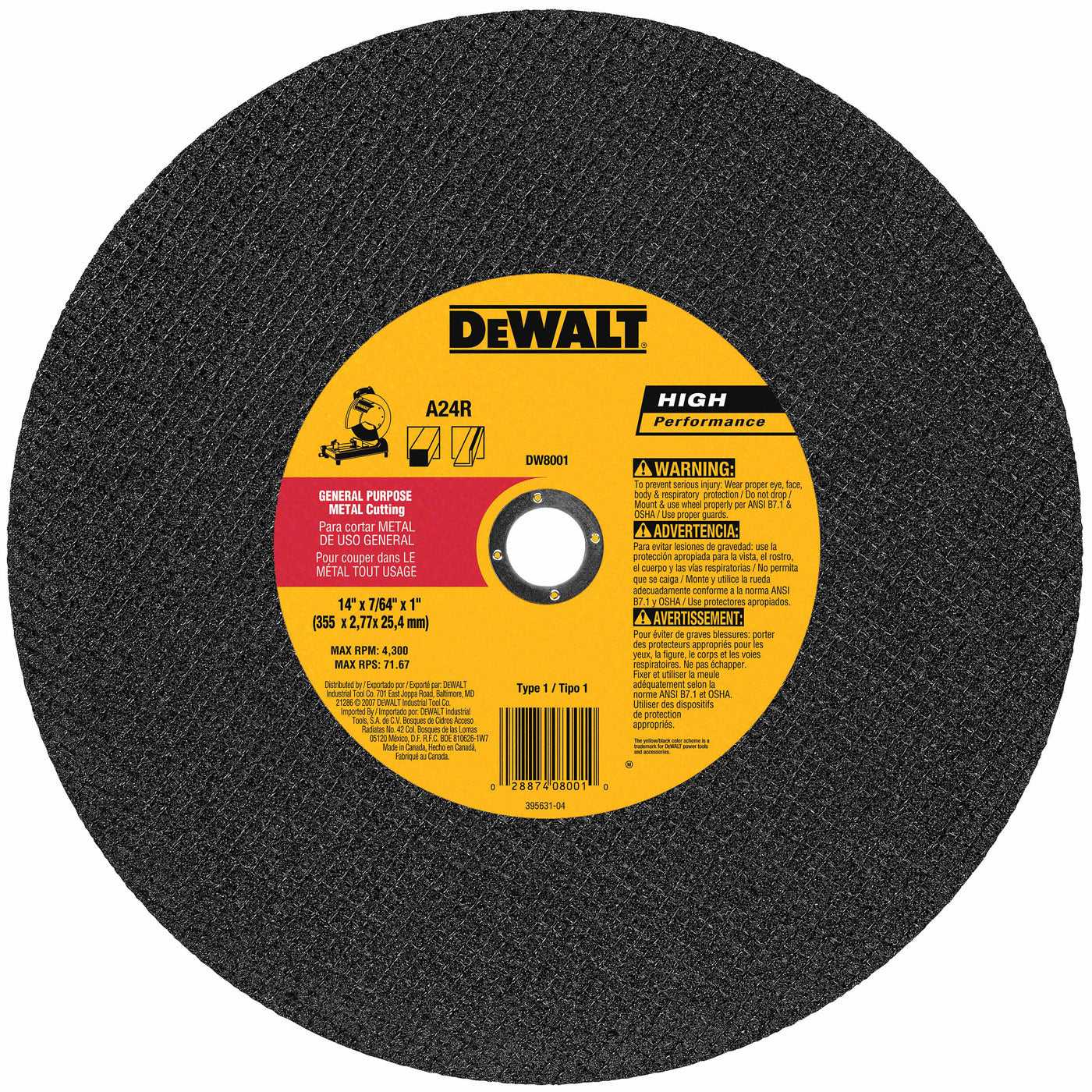 Dewalt, DeWalt DW8001 14" X 7/64" X 1" General Purpose Chop Saw Wheel
